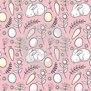 Seamless Easter pattern with floral motifs, flowers, easter eggs, bunny and carrot. Vintage spring easter holiday pastel