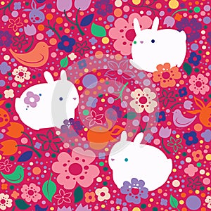 Seamless Easter pattern with flowers and rabbits