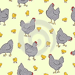 Seamless Easter pattern with hens and chicken.