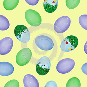 Seamless Easter pattern made of photos of hand painted henâ€™s eggs. Closeup photos with eggshell texture.