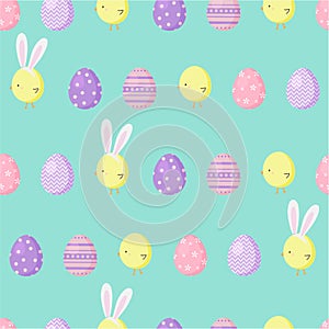 Seamless easter pattern with ornamental eggs and bunny chick background.