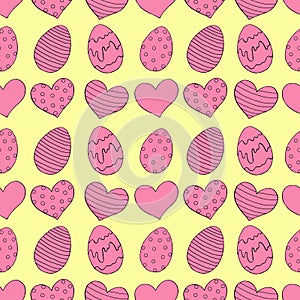 Seamless easter pattern with ornamental eggs and hearts. Hand drawn holiday background