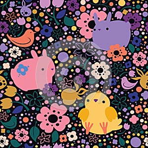 Seamless Easter pattern with rabbits and birds