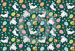 Seamless Easter pattern of rabbits meadow flowers and eggs hand drawn
