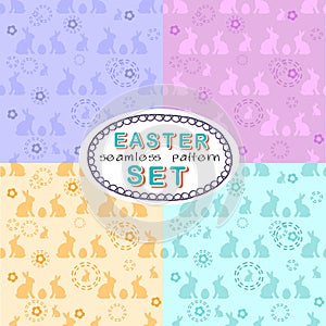 Seamless Easter pattern set with four patterns with eggs and rabbits