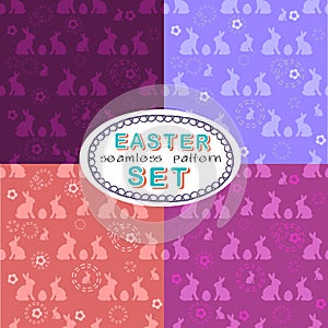 Seamless Easter pattern set with four patterns with eggs and rabbits