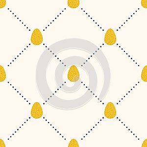 Seamless easter vector pattern with flat eggs in golden glitter and polka dot, shine gold sprinkles effect texture