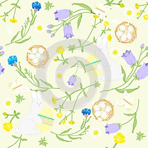 Seamless Easter wildflowers pattern, butterflies, rabbit with egg, nests. vector illustration