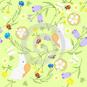 Seamless Easter wildflowers pattern, butterflies, rabbit with egg, nests. vector illustration