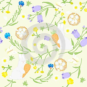 Seamless Easter wildflowers pattern, butterflies, rabbits, nests. vector illustration