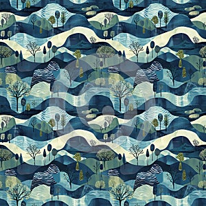 Earth-Toned Seamless Abstract Nature Pattern with Water Waves, Trees, and Mountains for Large-Scale Printing photo