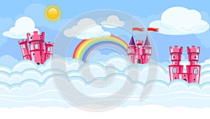 Seamless editable celestial cloudscape with pink castles for game design