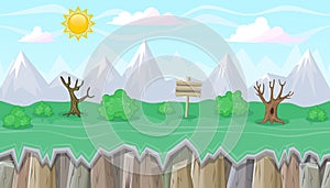 Seamless editable mountainous landscape with dry trees for game design photo