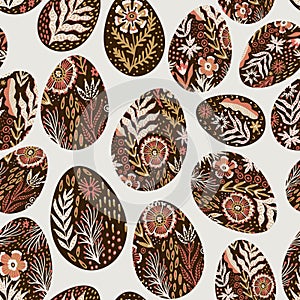 Seamless eggs pattern on the Easter theme. Graphic vector pattern with festive eggs in folk style.