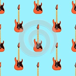 Seamless electric guitar pattern on light blue background .Music instrument. Flat design Illustration