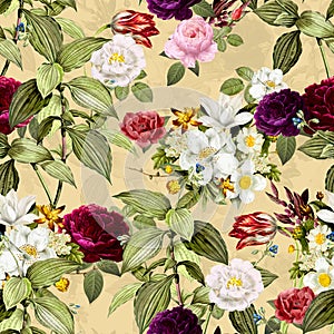 Seamless Elegance Pattern with Vintage Garden Flowers on Yellow Background.