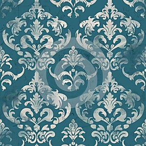 Seamless elegant blue and beige damask pattern with vintage distress marks