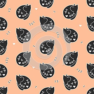 Seamless elegant pattern with black cats - in Spanish. Print for textile, wallpaper, covers, surface. Retro stylization