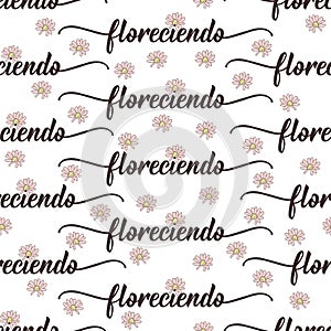 Seamless elegant pattern with Spanish lettering. Blooms - in Spanish. Ink illustration. Modern brush calligraphy. Floreciendo photo