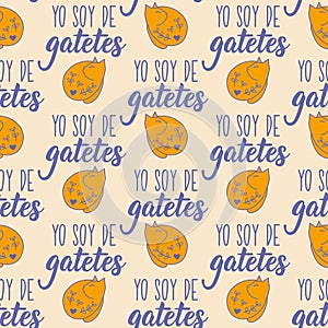 Seamless elegant pattern with Spanish lettering. I am from cats - in Spanish. Print for textile, wallpaper, covers, surface. For