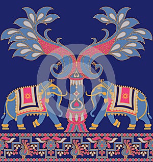 Seamless elephant peacock traditional border