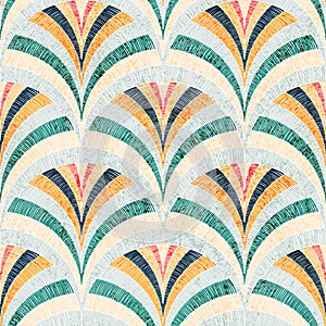 Seamless embroidered pattern. Wavy bohemian print. Patchwork ornament. Vector illustration