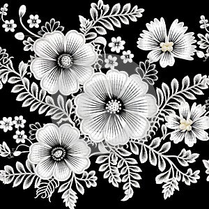Seamless Embroidered White Flower Pattern On Black Background