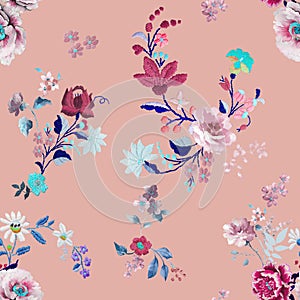 Seamless Embroidery Floral Design on Colored Background, Flowers Pattern Ready for Textile Prints.