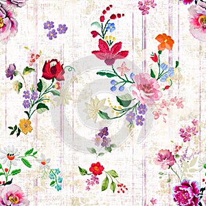 Seamless Embroidery Floral Design on Colored Background, Flowers Pattern Ready for Textile Prints.