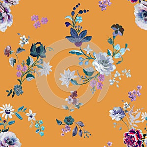 Seamless Embroidery Floral Design on Colored Background, Flowers Pattern Ready for Textile Prints.