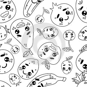 Seamless emoji pattern. Smiley emoticons fruits and berries: banana, orange, lemon, pineapple, apple, pear, plum, strawberries