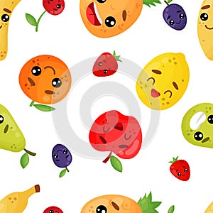 Seamless emoji pattern. Smiley emoticons fruits and berries: orange, lemon, pineapple, apple, pear, plum, strawberries, cherries.