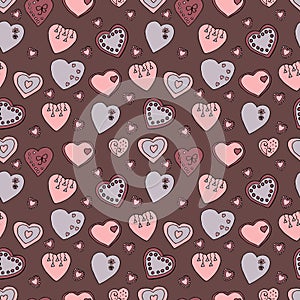 Seamless endless pattern with assorted hearts , hand drawn elements on brown background