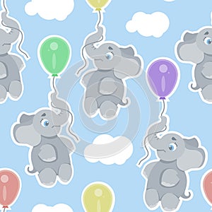 Seamless, endless pattern with elephant flying holding a colorful balloon, can be used as a print on children s clothing