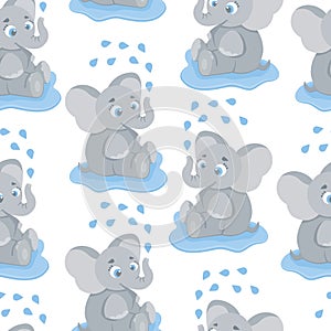 Seamless, endless pattern with elephant sitting in a puddle and washing, can be used as a print on children s clothing