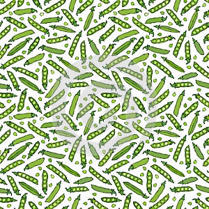 Seamless Endless Pattern of Green Peas and Peeled Pea Pod. Healthy Bio Vegetarian Food. Realistic Hand Drawn High