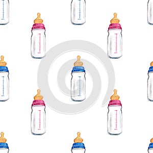 Seamless endless pattern. Newborn pink blue bottles for boy and girl. Hand drawn watercolor illustration isolated on