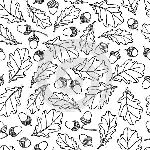 Seamless Endless Pattern of Oak Leaves and Acorns. Red, Orange and Yellow. Autumn or Fall Harvest Collection. Realistic Hand Drawn