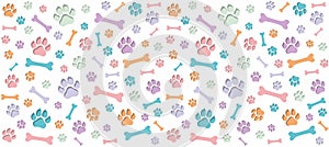 Seamless endless pattern of traces of dog paws. Dog legs and bones. Children`s colorful design