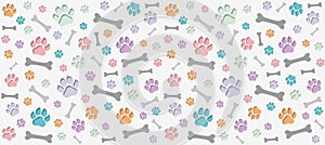 Seamless endless pattern of traces of dog paws. Dog legs and bones. Children`s colorful warm design.