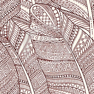 Seamless ethnic doodle monochrome background pattern with feathers.