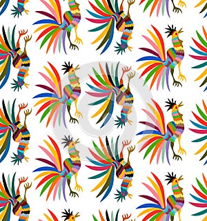 Seamless Ethnic Mexican embroidery colorful roosters jungle animals hand-made. Otomi culture naive print folk decorations isolated