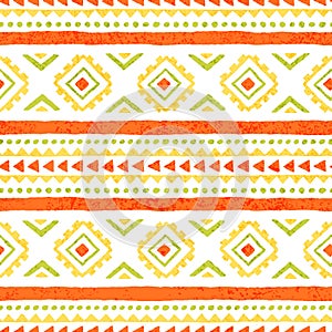 Seamless ethnic ornament. Aztec and tribal motifs. Ornament drawn by hand. Yellow, green, white and orange colors. Horizontal