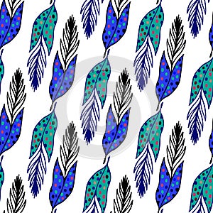 Seamless ethnic pattern with hand drawn feathers. Endless background. Ethnic seamless pattern. Vector backdrop. Summer template.