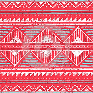 Seamless ethnic pattern. Ornament in tribal style. Grunge texture. Vintage print. Red, white and blue geometric elements.