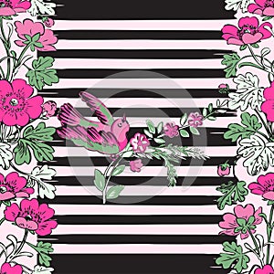 Seamless exotic bird flying and botanical border frame with tropical flowers print stripes pattern geometric retro background