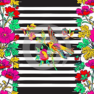 Seamless exotic bird flying and botanical border frame with tropical flowers print stripes pattern geometric retro background