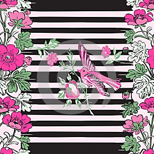 Seamless exotic bird flying and botanical border frame with tropical flowers print stripes pattern geometric retro background