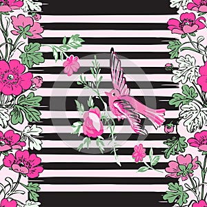 Seamless exotic bird flying and botanical border frame with tropical flowers print stripes pattern geometric retro background