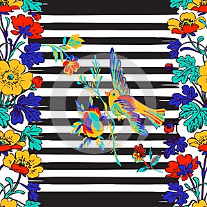 Seamless exotic bird flying and botanical border frame with tropical flowers print stripes pattern geometric retro background